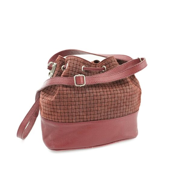 Bucket Bag Burgundy Made in Italy Woven Suede Leather Cinch BORSE In PELLE Purse - Picture 8 of 8